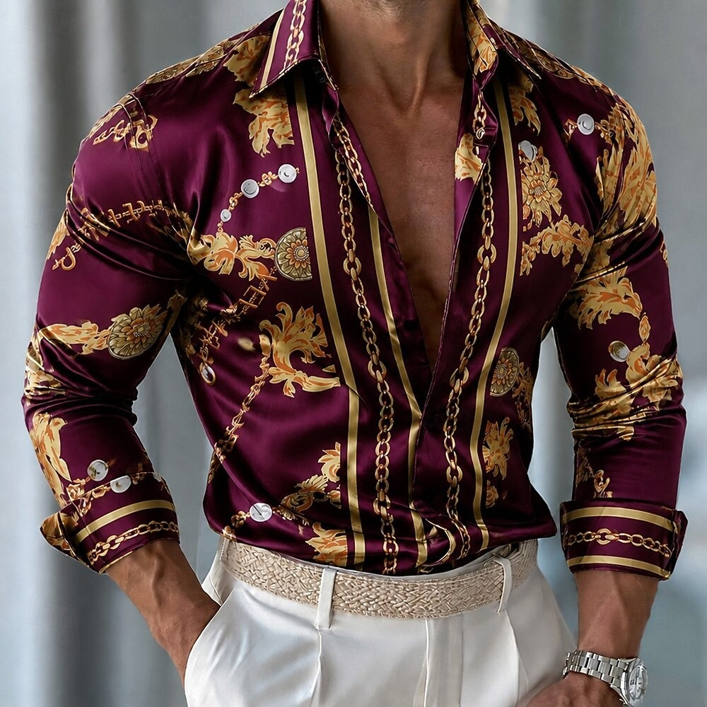 Men'S Holiday Formal Wear - Camisa de satén floral para hombre,