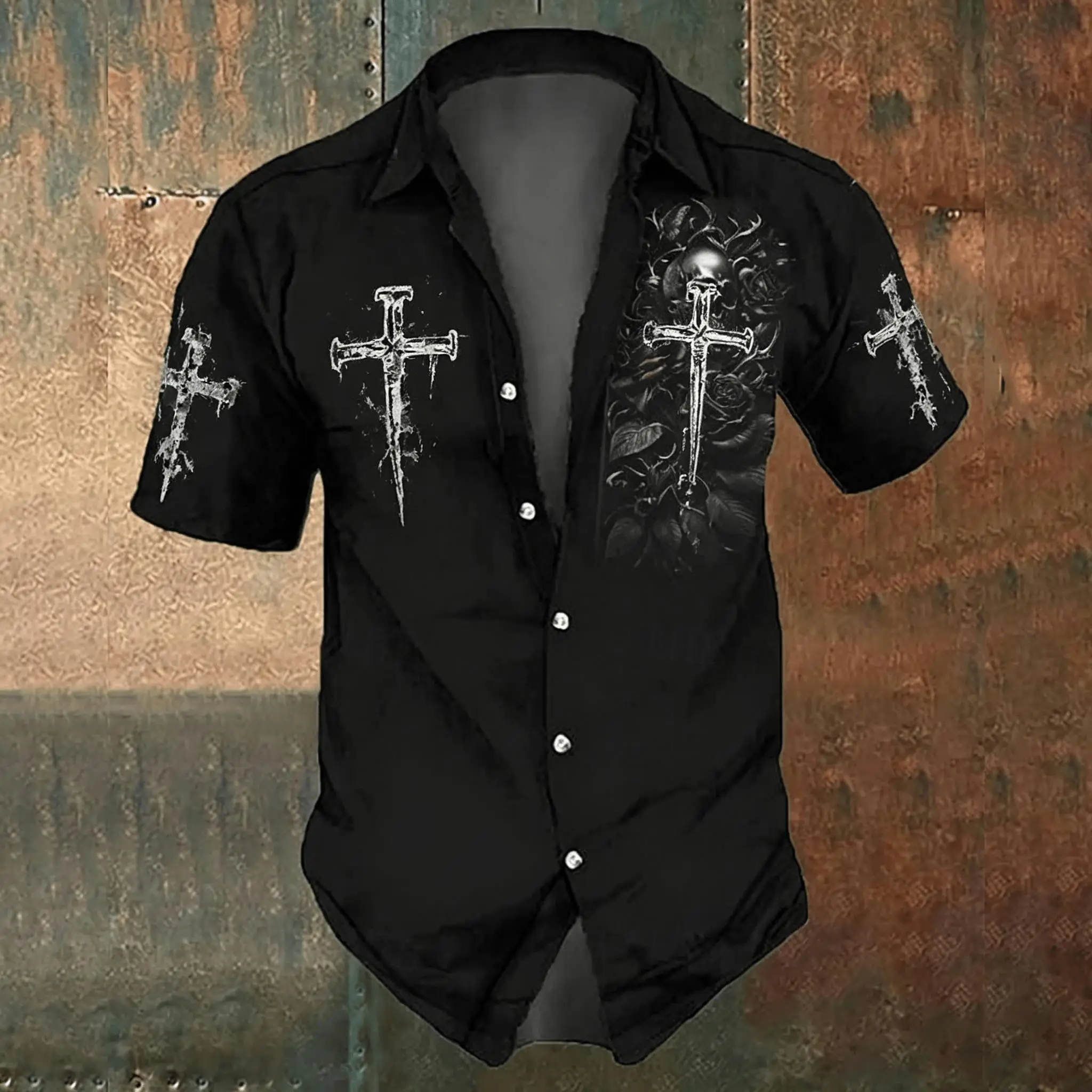 Men'S Gothic Formal Wear - Camisa casual negra con estampado cruzado
