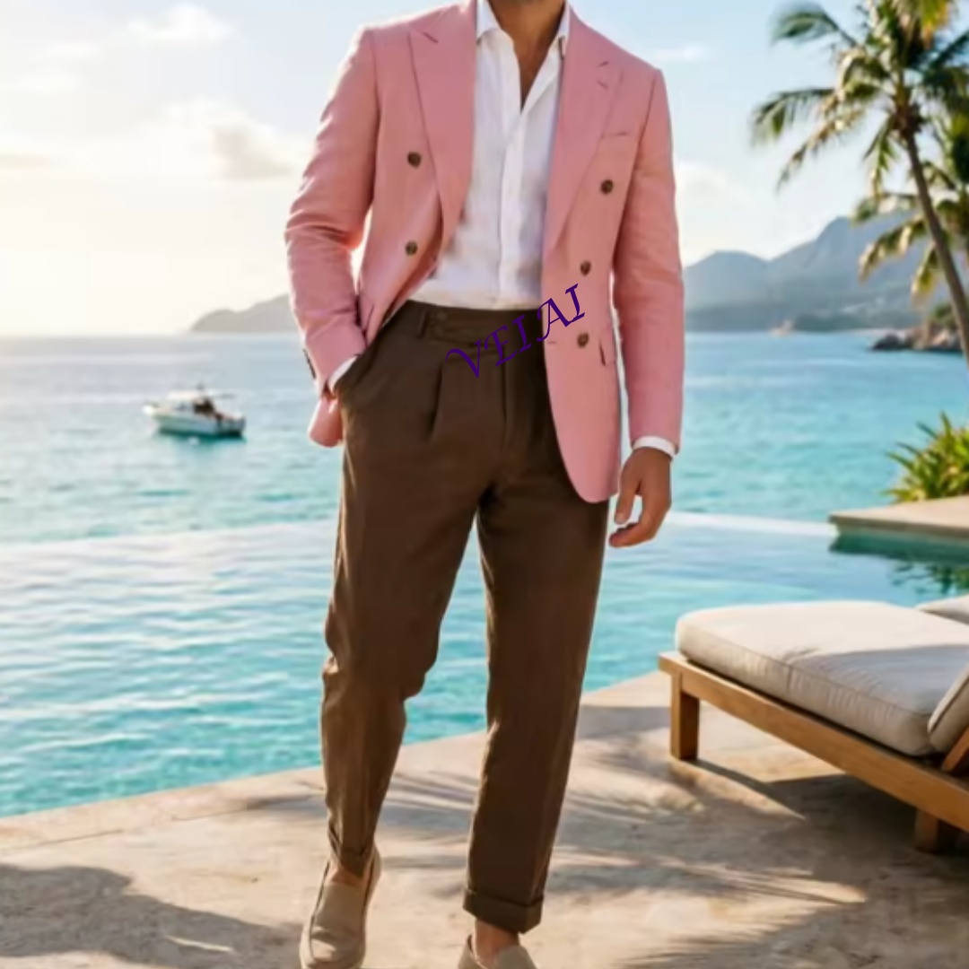 Men'S Holiday Formal Wear - Traje de Lino Beige de Dos